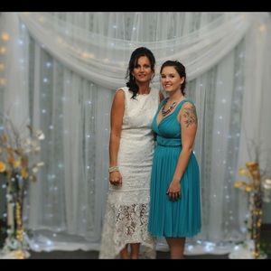 Blue formal short dress with beaded waist